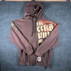 Ecko UNLTD Hoodie Sweatshirt XXL Embroidered Full‎ Zip Brown Graffiti Y2K